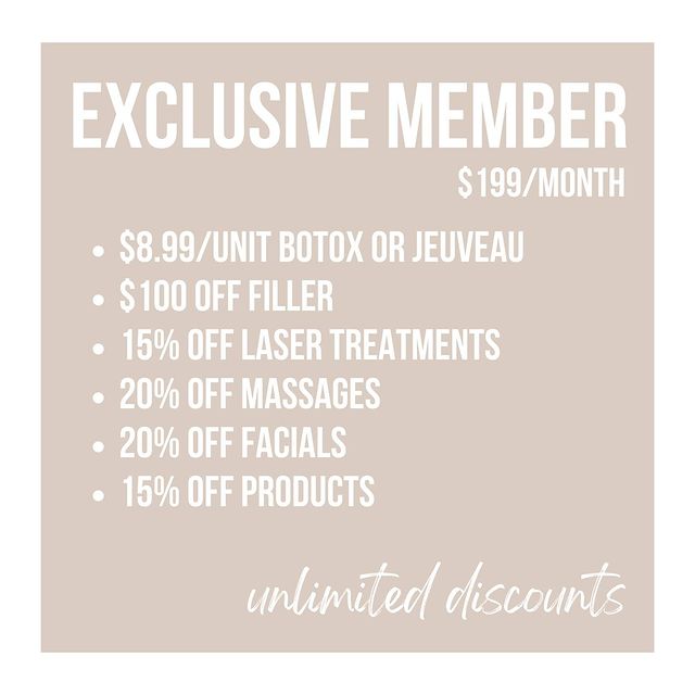 For $199/month, enjoy exclusive discounts, TWO complimentary services and ONE enhancement. ✨EXISTING MEMBERS receive 50% OFF their first month when they switch to Exclusive.